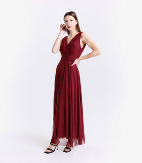 Vestito vino da serata concollo a V e drappaggio seducente
