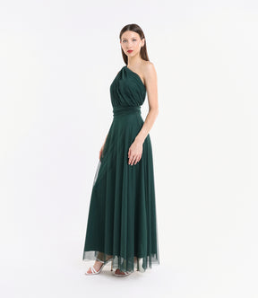 Abito da sera verde.S, tessuto trasparente con effect volante e silhouette eterea