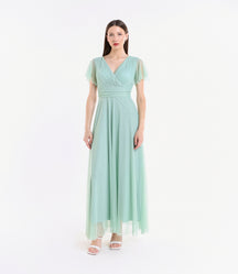 Abito salvia in tulle, scollo a V, maniche chiffon, stile naturale