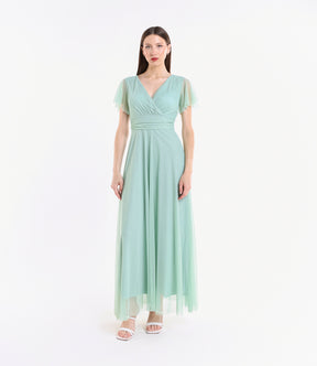 Abito salvia in tulle, scollo a V, maniche chiffon, stile naturale