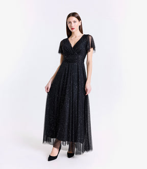 Vestito nero-argento trasparente, perfetto per occasioni stilose