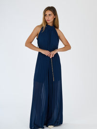 “Celestea” Jumpsuit – Pleated Jumpsuit with Crew Neck and Chain Belt