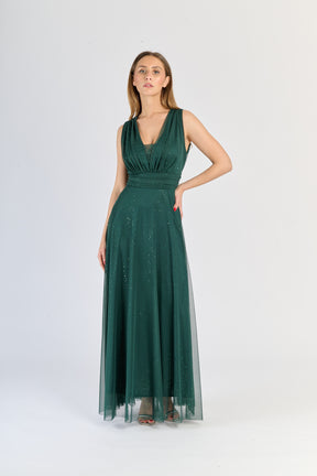 Abito verde.S fluviale, design a V - neck e cuciture sottili, eleganza rinfrescante.