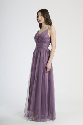 Abito da cerimonia viola in tulle trasparente, design affascinante