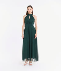 Abito verde.S elegante, design halter, gonna fluida, pianta verde decorativa