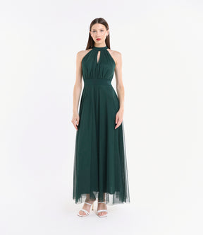 Abito verde.S elegante, design halter, gonna fluida, pianta verde decorativa