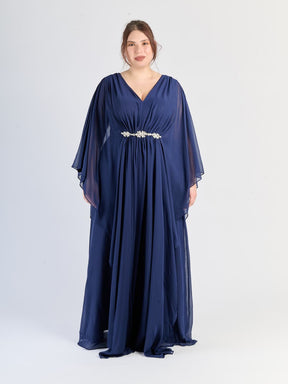 Abito lungo in Blu scuro, maniche ampie, stile elegante e intenso