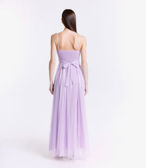 Abito da cerimonia lilla in tulle trasparente, design romantico