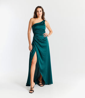 Abito Lungo Elegante in Raso Monospalla con Spacco Laterale “Seta Viva”