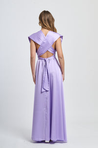 Vestito elegante in tonalità lilla, modello senza spalline e colletto a imbuto