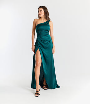 Abito Lungo Elegante in Raso Monospalla con Spacco Laterale “Seta Viva”