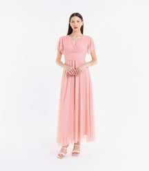 Abito rosa in tulle, scollo a V, maniche chiffon, stile tenero