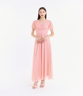Abito rosa in tulle, scollo a V, maniche chiffon, stile tenero