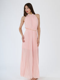 “Celestea” Jumpsuit – Pleated Jumpsuit with Crew Neck and Chain Belt