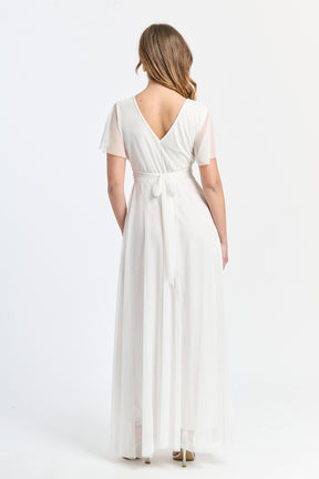 Vestito bianco fluido, waist cinto, lunghezza maxi, per cerimonie estive