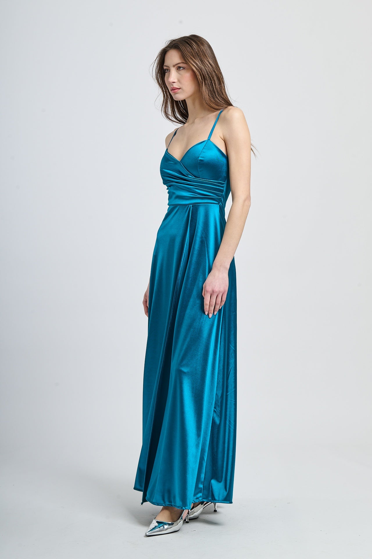 Vestito formale ottanio, design senza spalline con drappeggi laterali e apertura leggera