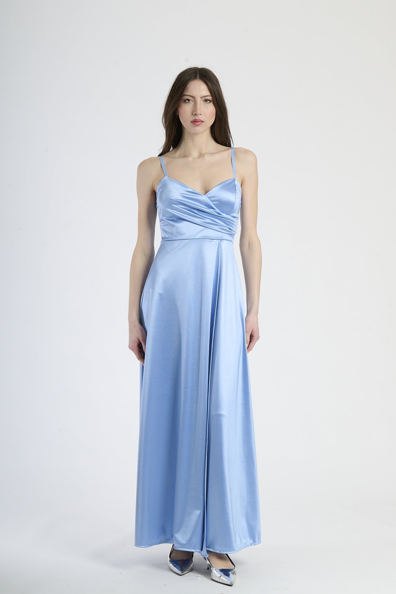 Vestito formale azzurro, design senza spalline con drappeggi laterali e apertura leggera