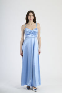 Vestito formale azzurro, design senza spalline con drappeggi laterali e apertura leggera