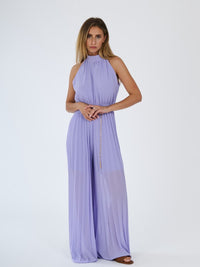 “Celestea” Jumpsuit – Pleated Jumpsuit with Crew Neck and Chain Belt
