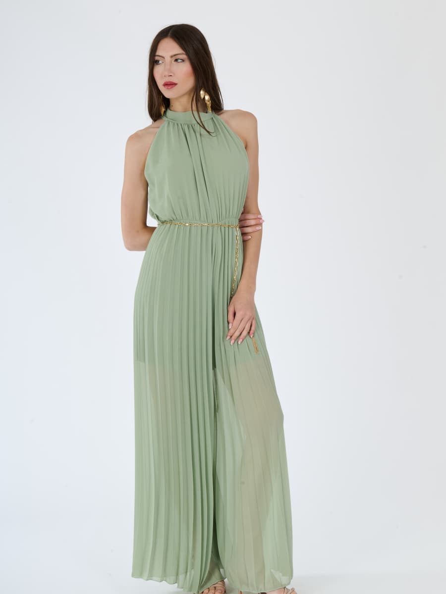 “Celestea” Jumpsuit – Pleated Jumpsuit with Crew Neck and Chain Belt
