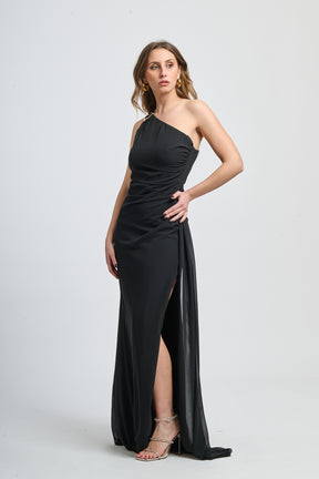 Abito elegante nero, taglio aderente, spalla unica, perfetto per eventi formali.