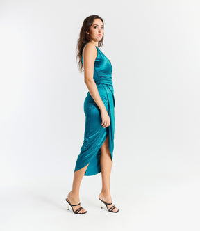 Abito da sera ottanio con scollo a V e fessura laterale glamour