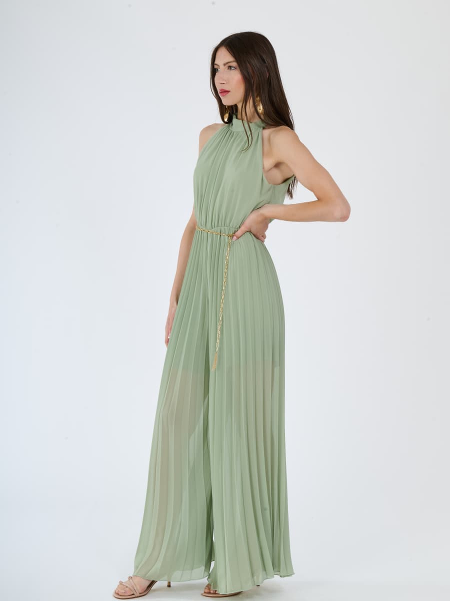 “Celestea” Jumpsuit – Pleated Jumpsuit with Crew Neck and Chain Belt
