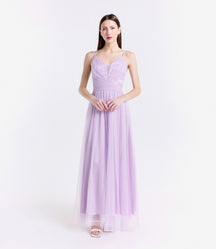 Abito lungo lilla in tulle affascinante, spalline sottili e scollo a V