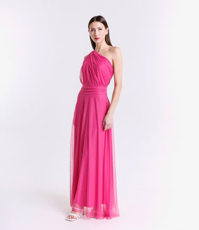Vestito elegante fuxia, taglio a campana con scollo asimmetrico e fascia vita