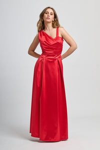 Abito da cerimonia rosso con spalla unica e falda fluida