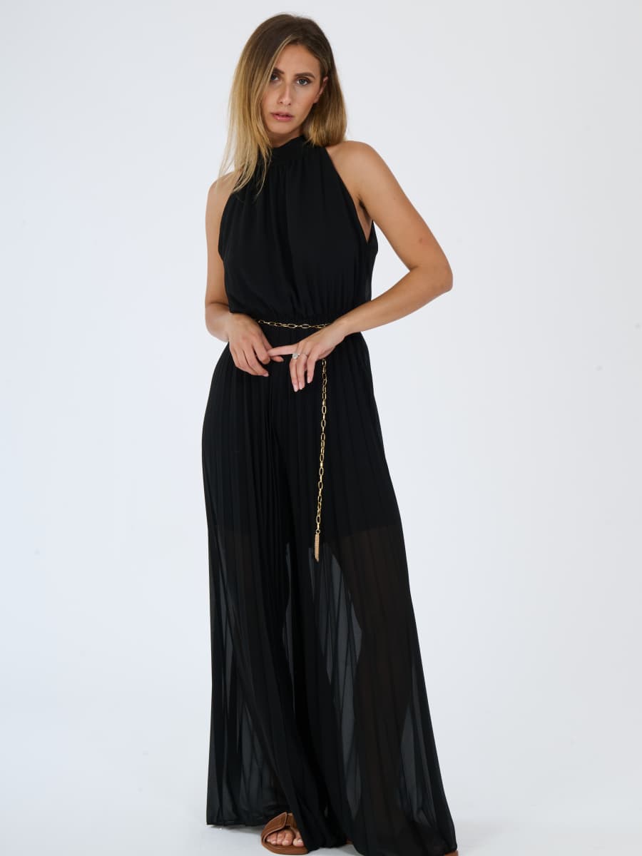 “Celestea” Jumpsuit – Pleated Jumpsuit with Crew Neck and Chain Belt
