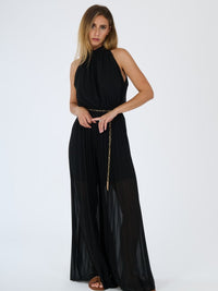 “Celestea” Jumpsuit – Pleated Jumpsuit with Crew Neck and Chain Belt