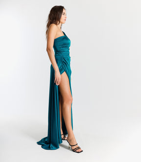 Abito Lungo Elegante in Raso Monospalla con Spacco Laterale “Seta Viva”