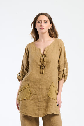 Completo camello, top ampio con tasche e bottoni, calore per il tempo libero.