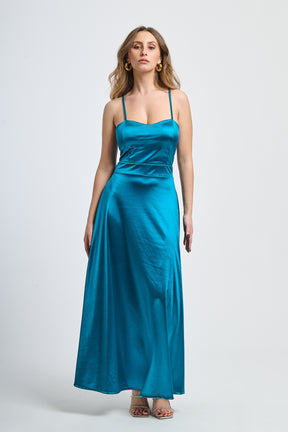 Abito elegante ottanio con raso satinato, spalline sottili e silhouette dritta, perfetto per eventi speciali e notturne