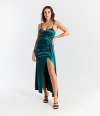 Vestito lungo in raso drappeggiato con spaccatura laterale Beatrice