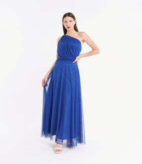 Vestito elegante bluette, taglio a campana con scollo asimmetrico e fascia vita