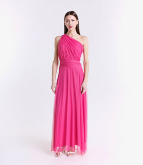 Vestito formale lilla, design senza spalline con drappeggi laterali e apertura leggera