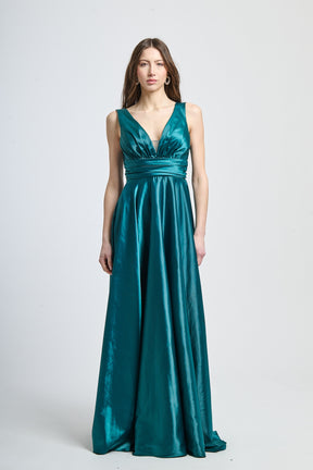 Abito elegante verde.S con raso satinato, scollo a V e falda fluida, perfetto per serate eleganti
