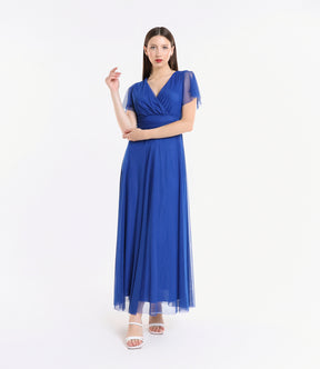 Vestito bluette fluido, waist cinto, lunghezza maxi, per serate estive
