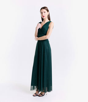 Vestito verde scuro concollo a V e fascia in vita definita
