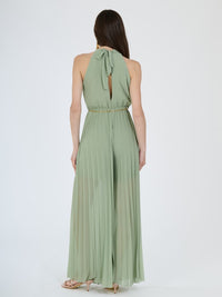 “Celestea” Jumpsuit – Pleated Jumpsuit with Crew Neck and Chain Belt
