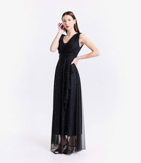 Lungo vestito nero-argento, stile elegante e accento glamour