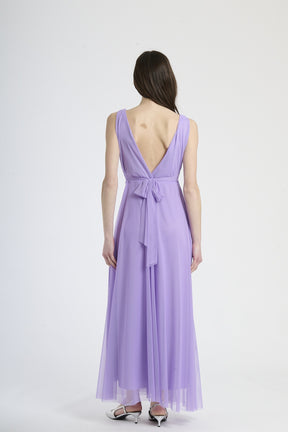 Vestito lilla da serata concollo a V e pizzo lussuoso