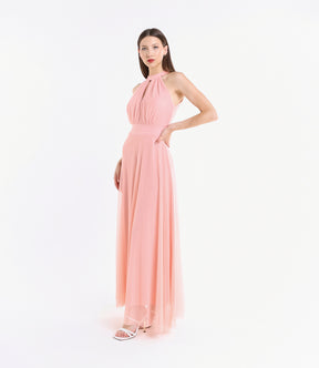 Abito rosa in tulle, colletto alto, posa femminile accanto a pianta verde