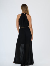 “Celestea” Jumpsuit – Pleated Jumpsuit with Crew Neck and Chain Belt