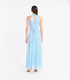 Abito azzurro elegante a colletto, modello con gonna fluida