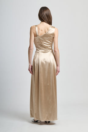 Abito elegante beige, tessuto satinato con drappaggi raffinati