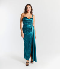 Abito elegante ottanio con raso satinato, spalline sottili e slittino stiloso