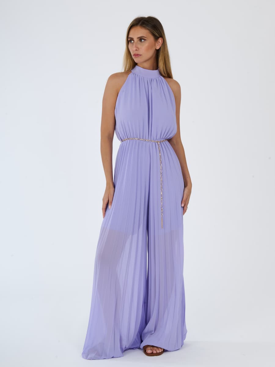 “Celestea” Jumpsuit – Pleated Jumpsuit with Crew Neck and Chain Belt